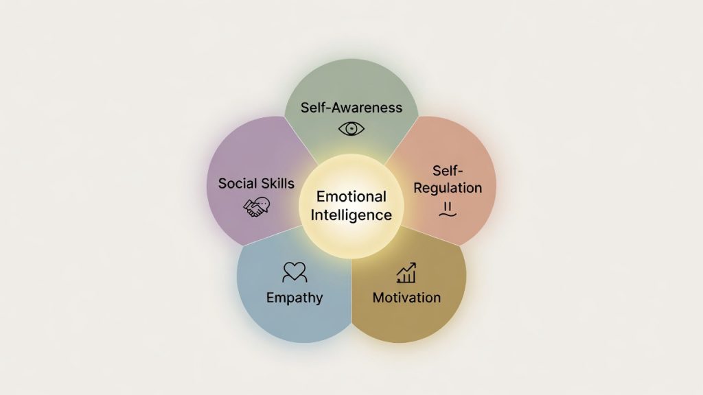 A flat 2D illustration of a flower diagram showing the 5 core components of emotional intelligence: self-awareness, self-regulation, motivation, empathy, and social skills