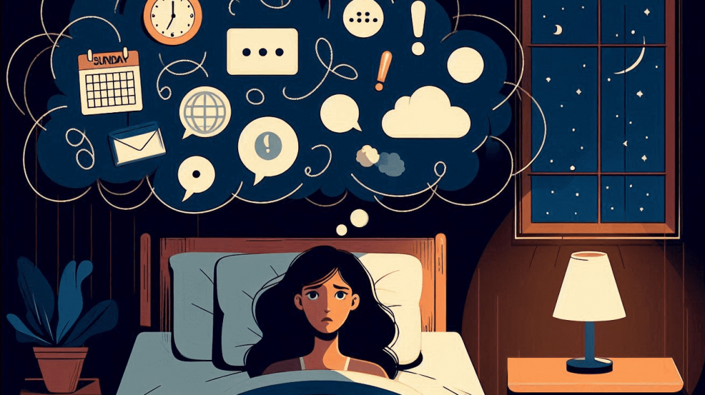 A 2D illustration of a woman lying awake in bed at night with thought bubble icons floating above her — representing the Sunday night mental spiral that brain dump exercises for clarity can help quiet
