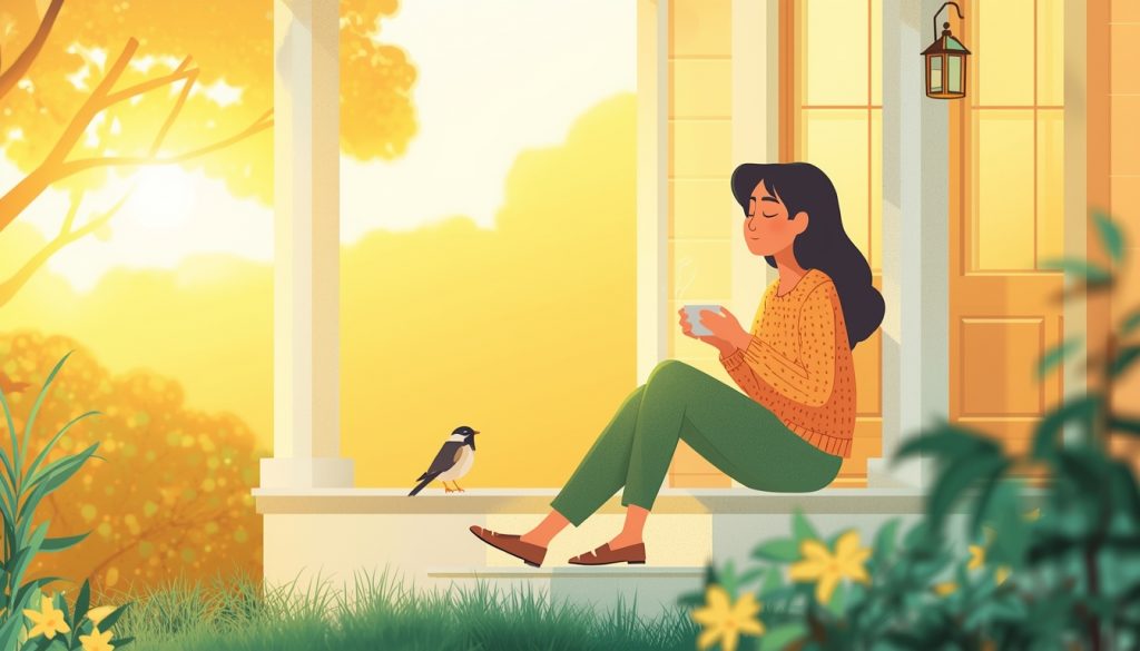 A 2D illustration of a person enjoying morning sunlight outdoors with a warm drink, representing healthy circadian rhythm habits for mood support.