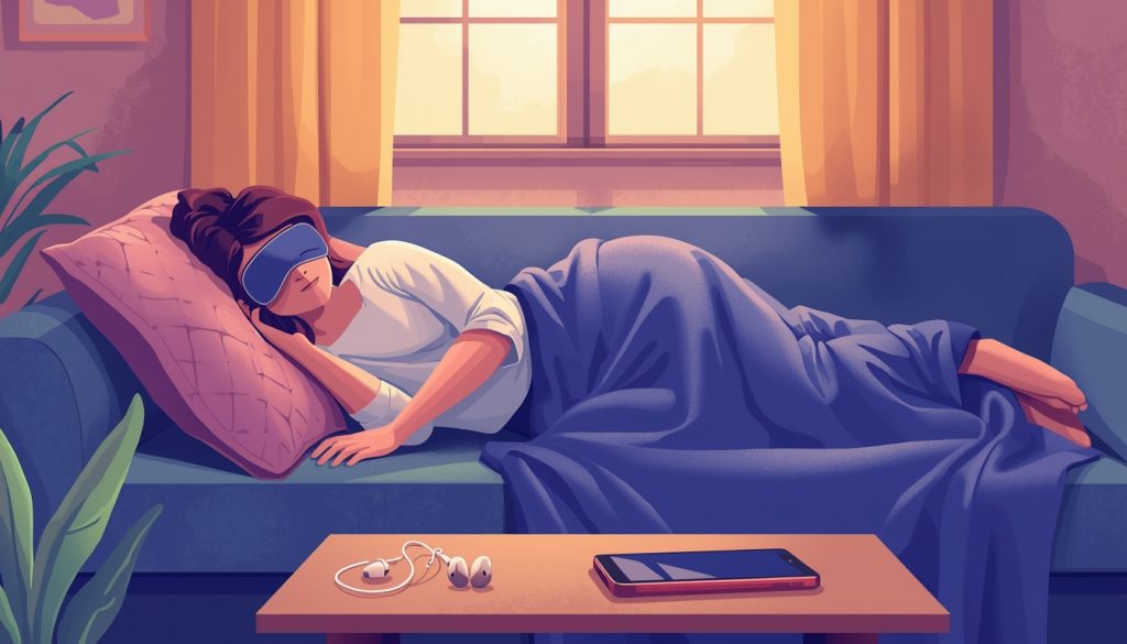 A 2D illustration of a person napping properly with a sleep mask, earplugs, and an alarm set on their phone, showing the best practices for a healthy and restorative nap.