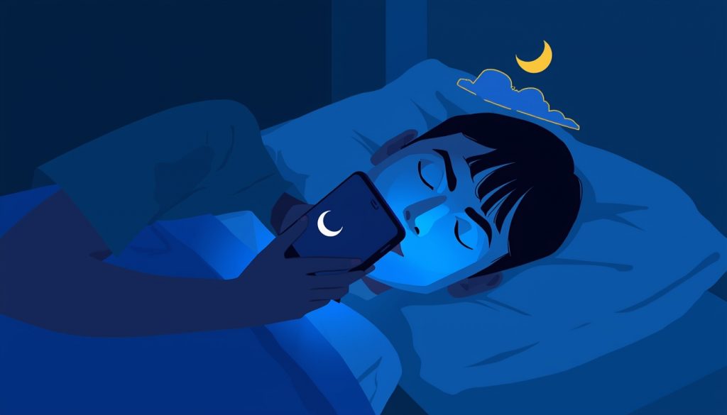 A 2D illustration of a person using a phone in bed at night with blue light disrupting their sleep and circadian rhythm.