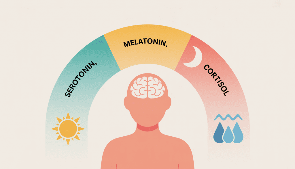 A 2D illustration showing how serotonin, melatonin, and cortisol follow the circadian rhythm cycle throughout the day and night.