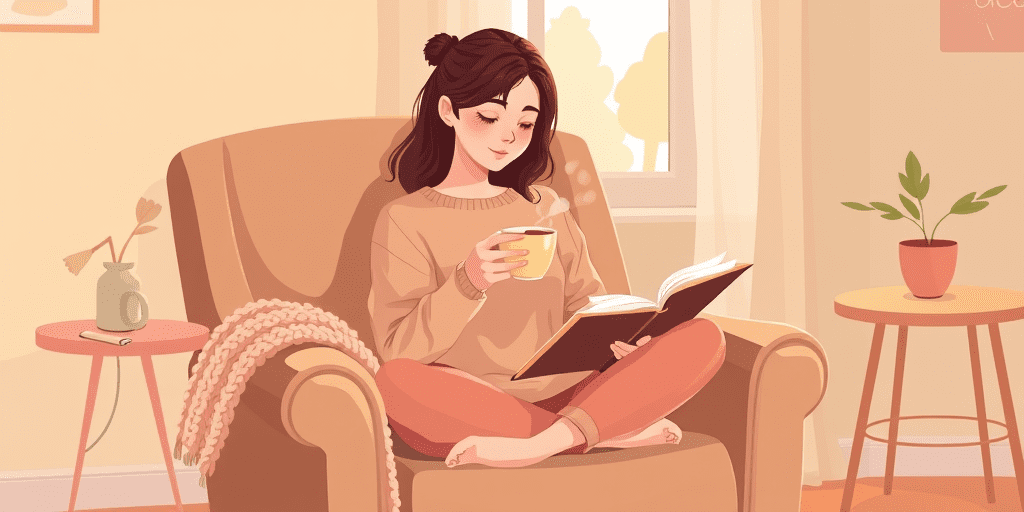 A woman sitting cross-legged in a cozy armchair with a warm cup of tea and an open journal — reflecting on self-awareness and navigating differences in a relationship