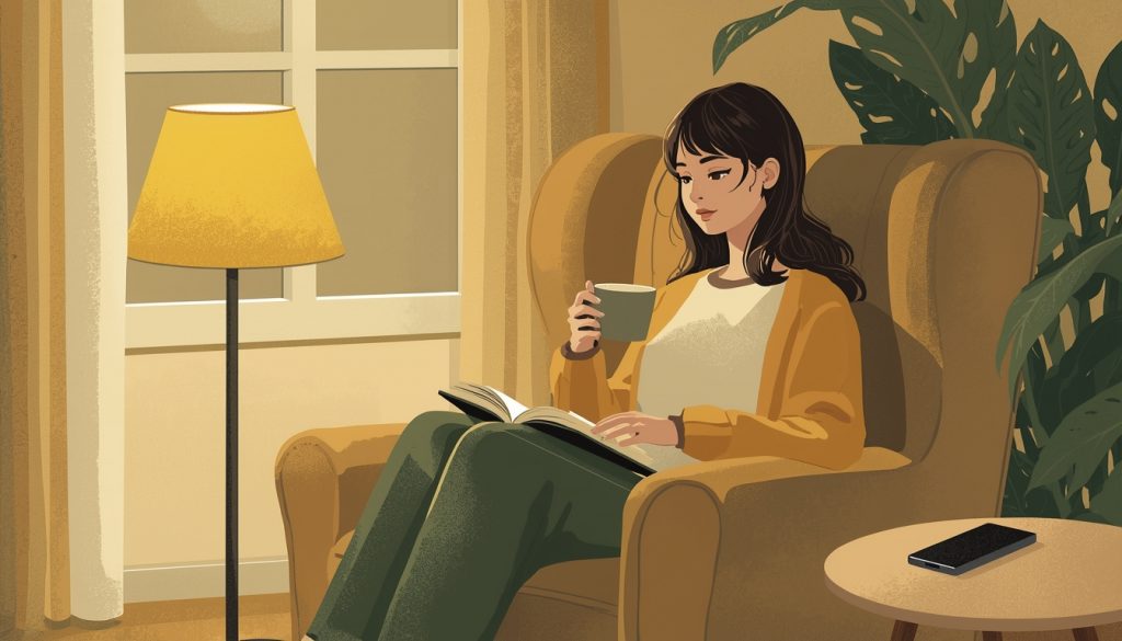 A 2D illustration of a woman relaxing in a cozy armchair with herbal tea and a book in a warmly lit room — illustrating a calming wind-down routine before bed as part of good sleep hygiene habits.