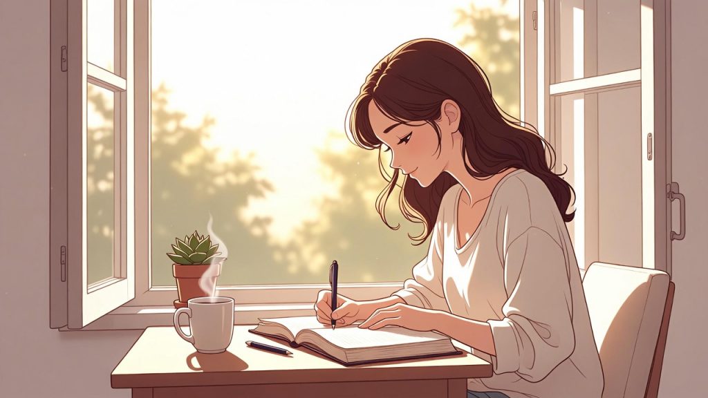 A woman journaling by a sunlit window, practicing self-reflection as a key step in building emotional intelligence
