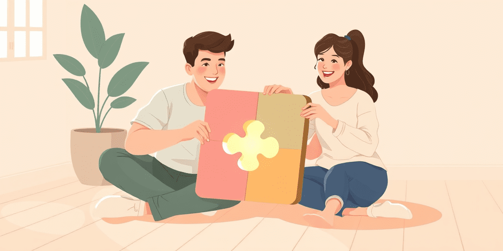 A couple sitting on the floor together fitting glowing puzzle pieces — representing teamwork and navigating differences in a relationship with patience and connection