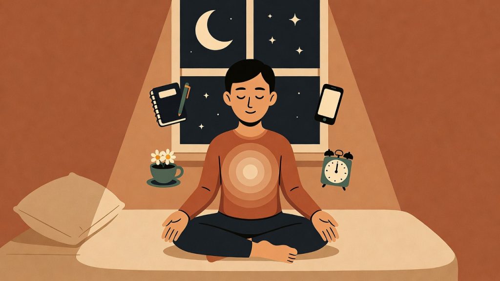 illustration of a person practicing breathing and mindfulness techniques to manage anxiety and improve sleep