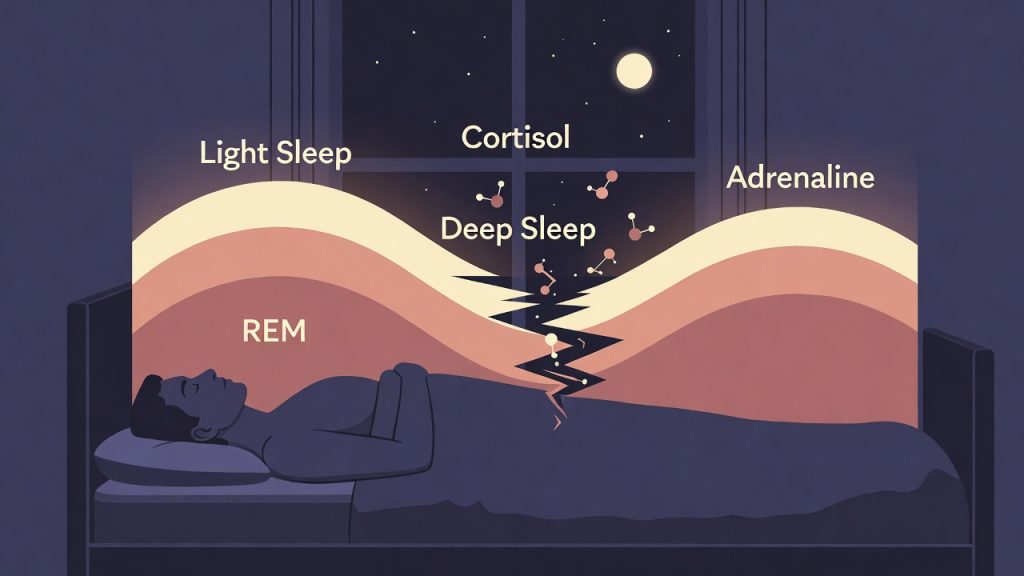 2D illustration of stress hormones cortisol and adrenaline disrupting deep sleep stages at night