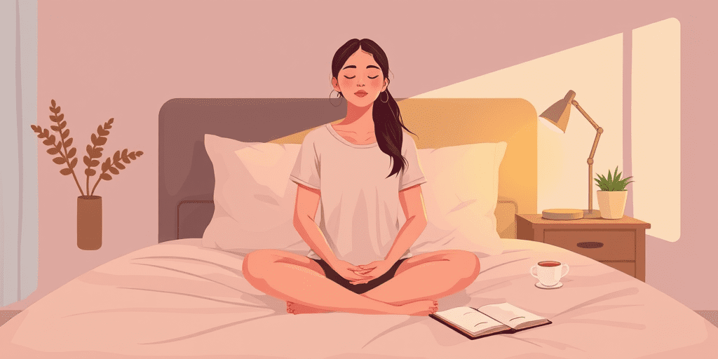 A 2D illustration of a woman practicing a calming bedtime routine — representing effective insomnia remedies including breathing exercises, journaling, and relaxation