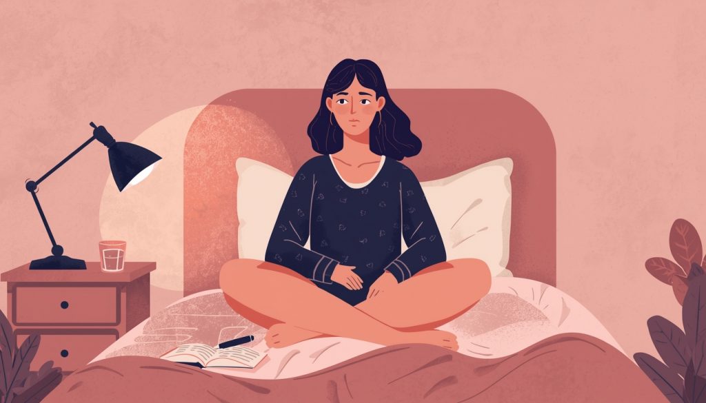 A soft 2D illustration of a person sitting cross-legged on a bed at night with a small open journal on their lap and a pen in hand, a dim bedside lamp casting a warm glow, a glass of water on the nightstand, facial expression calm and focused, the room is tidy and quiet, warm tones of dusty rose, soft navy, and ivory, flat illustrative style, no text, reflective and settling mood.