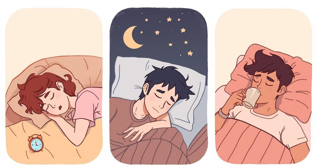 A 2D illustration showing three types of naps side by side — a 20-minute power nap, a 90-minute full sleep cycle nap, and a coffee nap — helping readers understand the best napping practices.