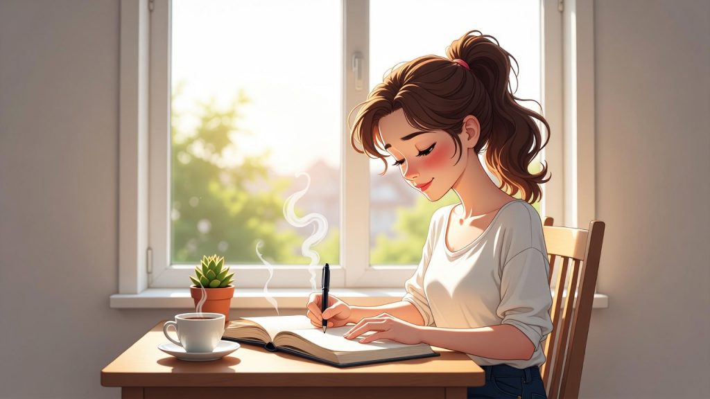 A 2D illustration of a woman writing in a journal by a sunlit window — a simple brain dump practice to reduce mental noise and quiet mental chatter