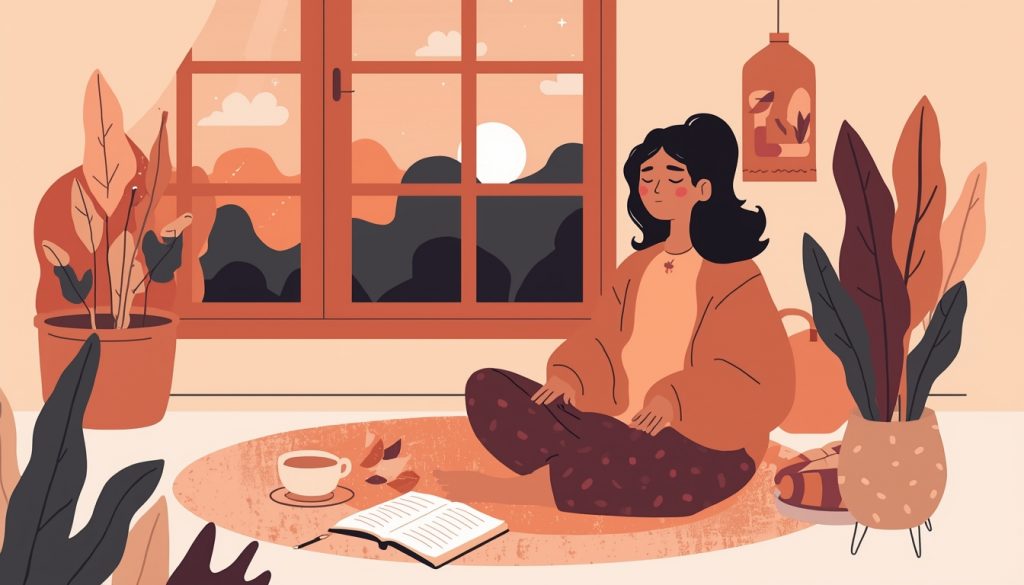 A 2D illustration of a person peacefully winding down in the evening with tea and a journal, representing practical self-care steps to break the cycle of sleep deprivation and depression