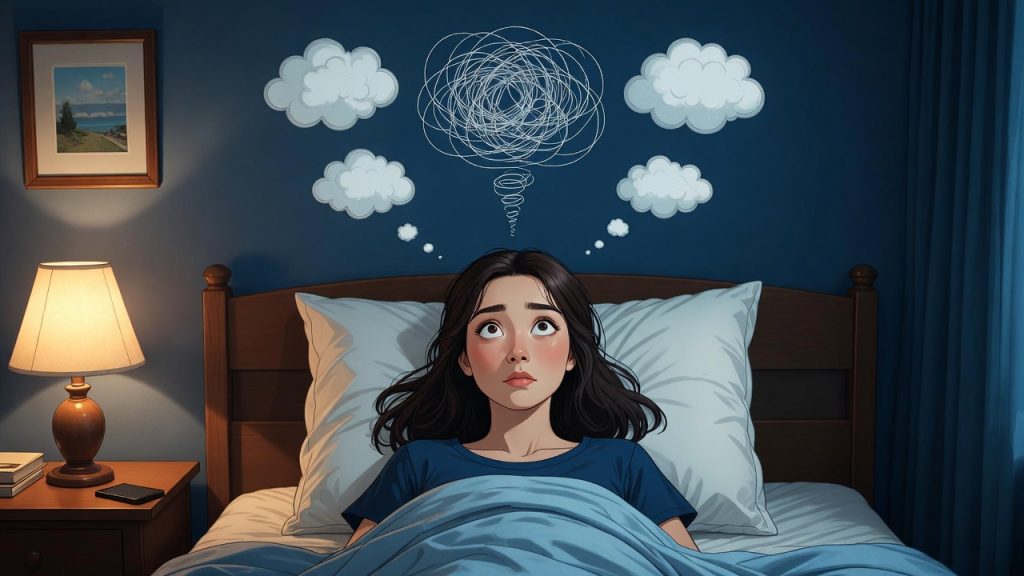 A 2D illustration of a woman lying awake in bed at night staring at the ceiling, surrounded by floating thought bubbles — representing mental chatter keeping her from sleep
