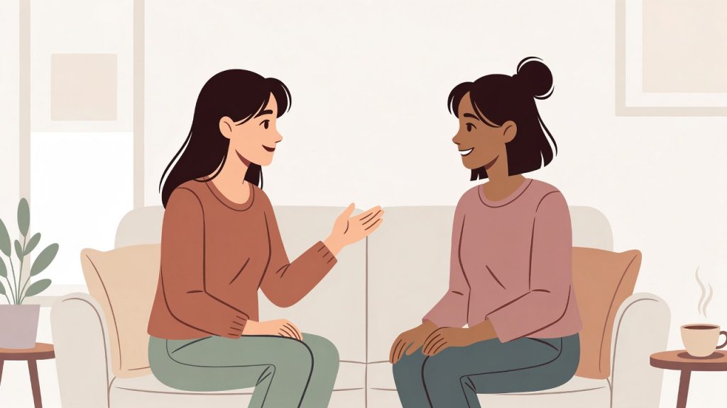 Two women having an empathetic conversation on a sofa, illustrating emotional intelligence and active listening in everyday relationships