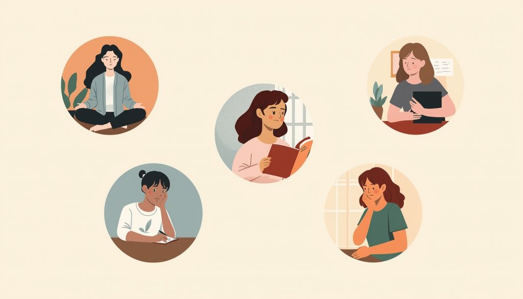 A 2D illustration of five different people in separate small vignette circles, each showing a quiet emotional moment, one meditating, one journaling, one pausing mid-conversation, one taking a deep breath, one sitting alone by a window, soft pastel colors, warm and empathetic mood.