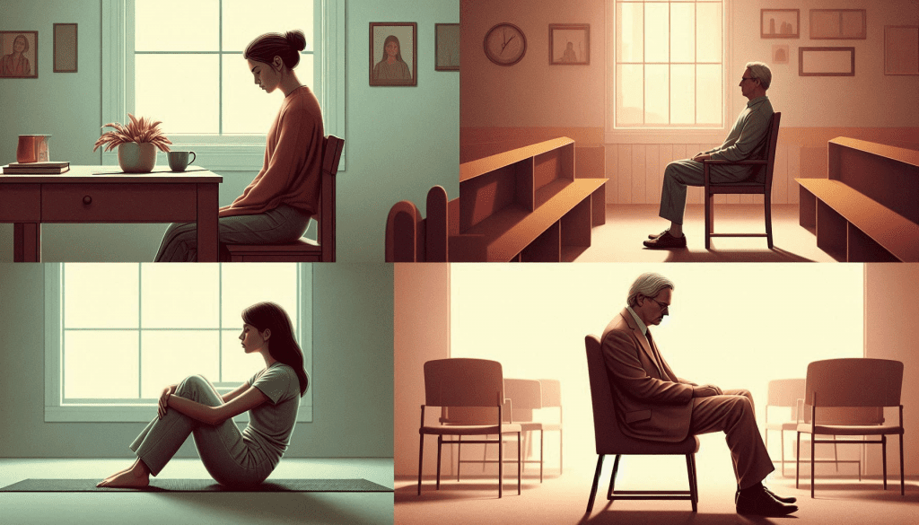 A 2D illustration showing four different people in quiet moments of inner struggle — a woman at a kitchen table, a man in an empty church, a young woman on a yoga mat, and a man in an office — representing the different faces of a spiritual crisis and dark night of the soul.