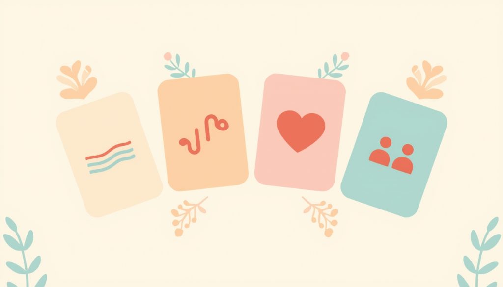 A 2D illustration of four softly colored cards arranged in a gentle arc, each displaying a simple icon representing mindfulness, a calming wave, a heart, and two figures talking, set against a warm cream background with delicate botanical accents, calm and organized mood.