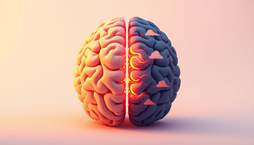 A 2D illustration showing two brain halves side by side — one glowing and balanced representing healthy sleep, and one dark and stormy representing the effects of sleep deprivation on mood and depression