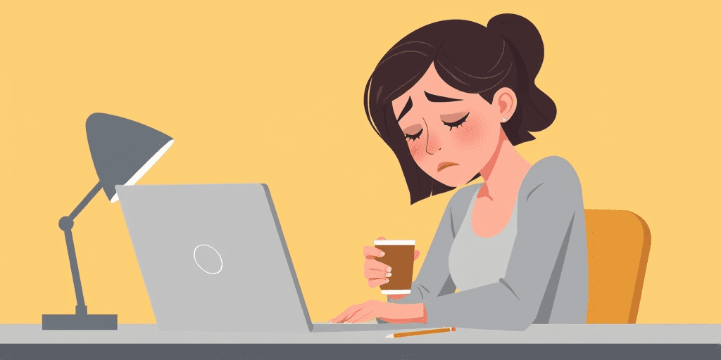 A 2D illustration of an exhausted woman struggling to focus at work — showing the daytime effects of chronic insomnia on mental health and productivity