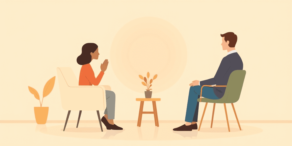 2D illustration of two people seated across from each other in a calm, warmly lit room, one speaking and one listening — representing professional support for work anxiety.