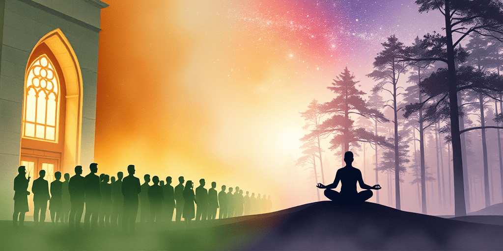 A silhouette of a group of people walking together on the left representing religion, and a lone figure meditating under a starry sky on the right representing spirituality, illustrating the difference in spirituality vs religion