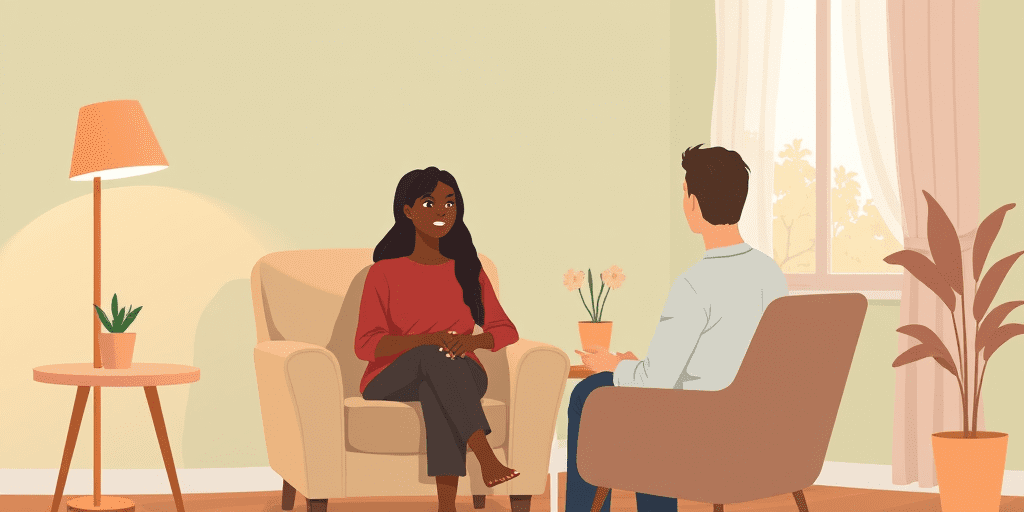A woman and therapist sitting across from each other in a warm, cozy room — illustrating what therapy is in a real, human setting