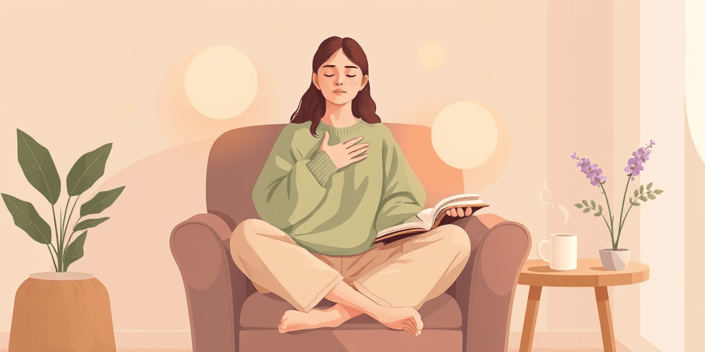 Soft illustration of a woman with hand over heart representing an emotional check-in practice