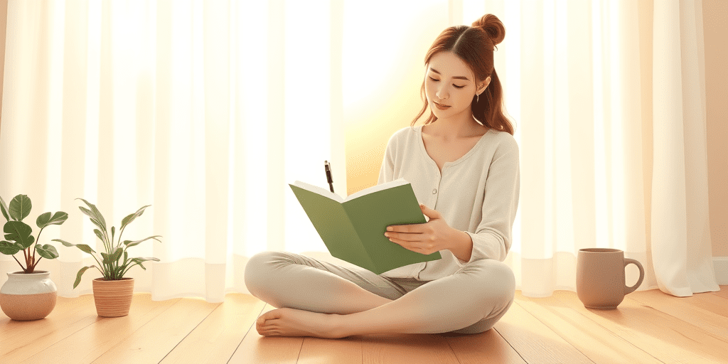A woman sitting cross-legged by a sunlit window journaling — a peaceful moment of identifying your core values and living with intention
