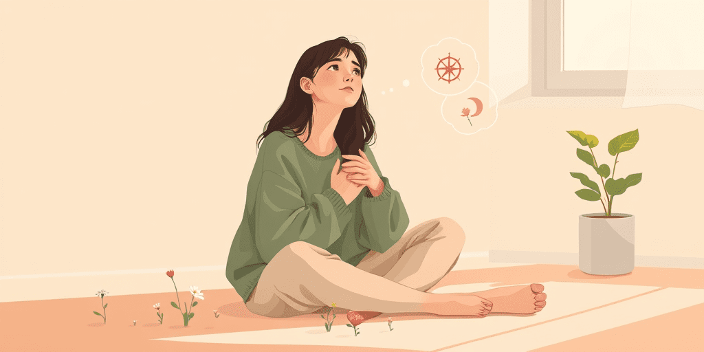 A 2D illustration of a young woman sitting cross-legged on the floor reflecting on her mental health in young adulthood, surrounded by small blooming flowers, with a thought bubble showing a compass and crescent moon symbolizing identity and self-discovery, a potted plant nearby, in a soft warm minimal room.
