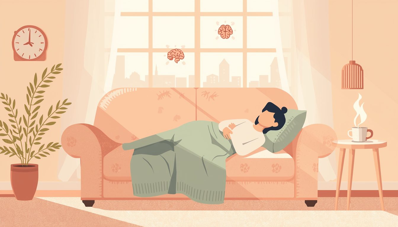 A 2D illustration of a person napping peacefully on a couch in a sunlit room with a cup of tea nearby and soft icons representing the brain and heart — illustrating the benefits of napping for mental and physical wellness.