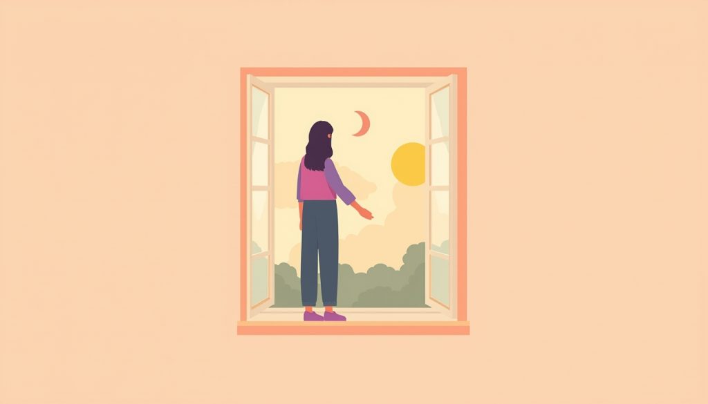 A 2D illustration of a person standing in warm morning sunlight by an open window, representing the connection between circadian rhythm and mood regulation.