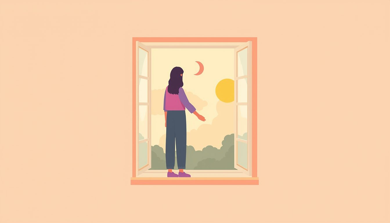 A 2D illustration of a person standing in warm morning sunlight by an open window, representing the connection between circadian rhythm and mood regulation.