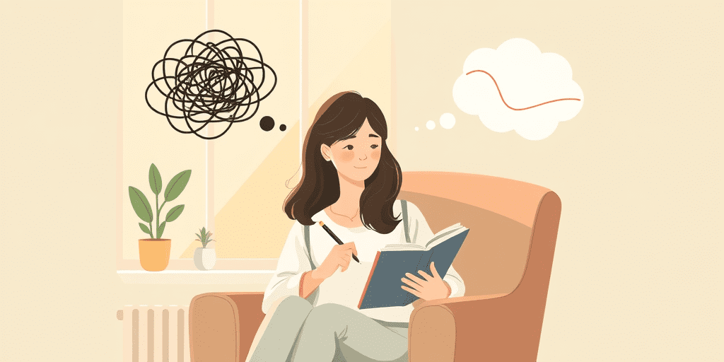 A 2D illustration of a woman sitting in a cozy armchair holding a notebook and pencil, with two thought bubbles above her head — one showing tangled chaotic lines representing negative thoughts, and the other showing a calm smooth line representing reframed thinking through cognitive behavioral therapy