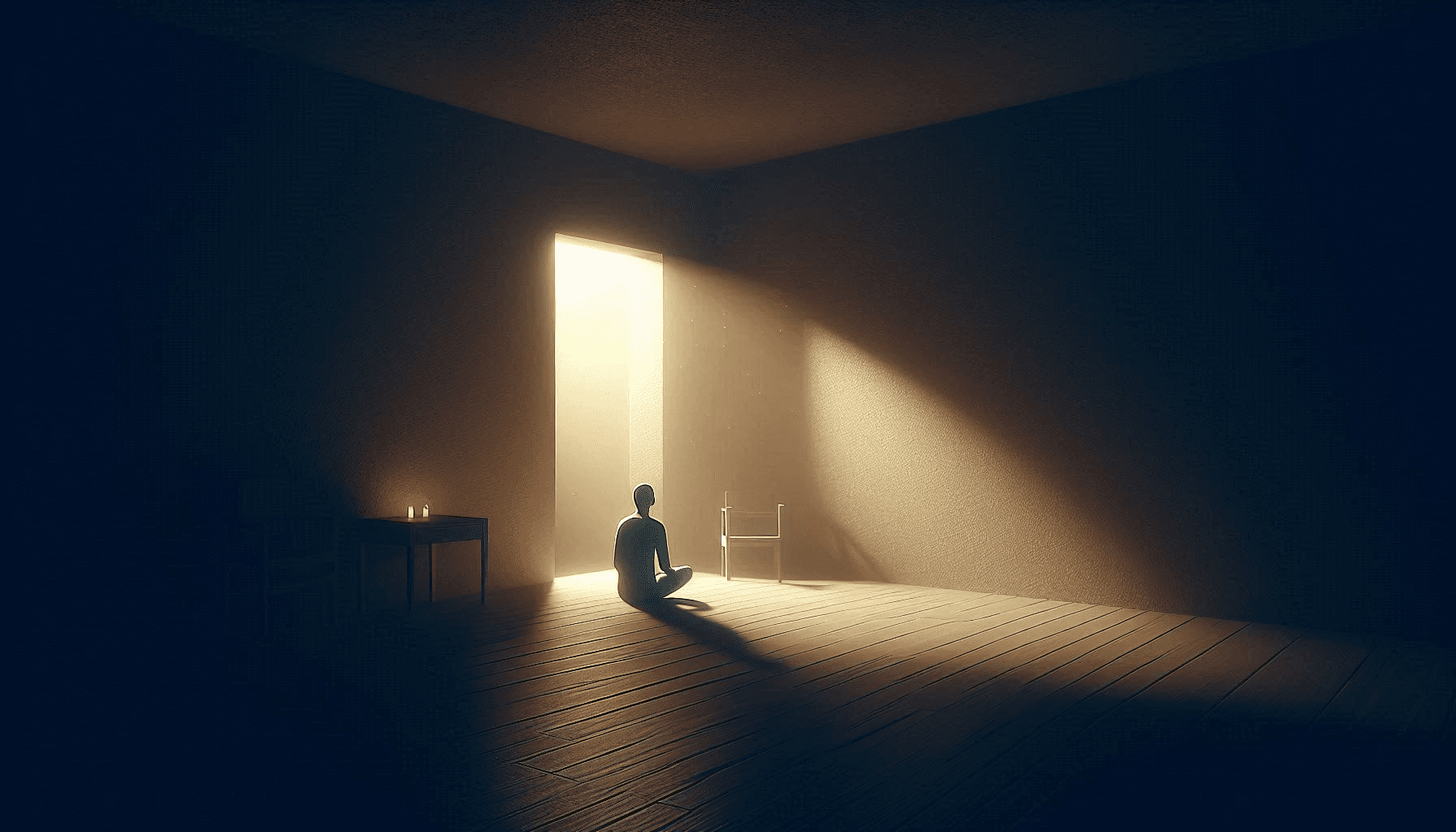 A 2D illustration of a person sitting alone in a dark room with a single glowing light visible through the window above them, representing the emotional journey of the dark night of the soul and spiritual crisis.