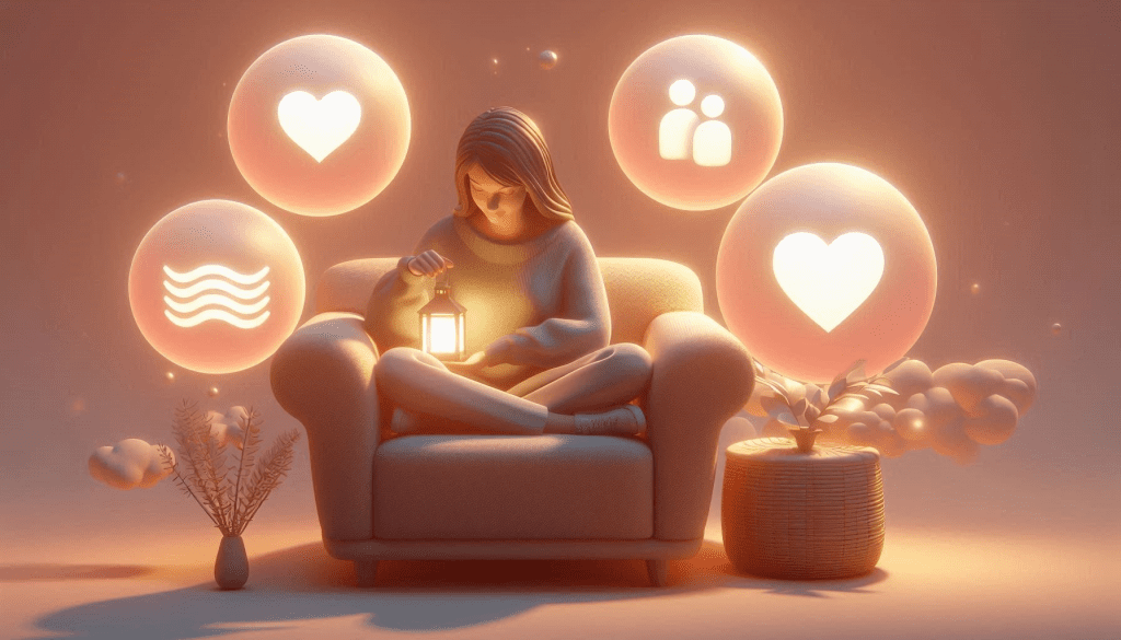 A 2D illustration of a young woman sitting in a cozy armchair holding a glowing lantern, surrounded by four pastel bubbles symbolizing the four core skills of dialectical behavior therapy — mindfulness, distress tolerance, emotion regulation, and interpersonal effectiveness.