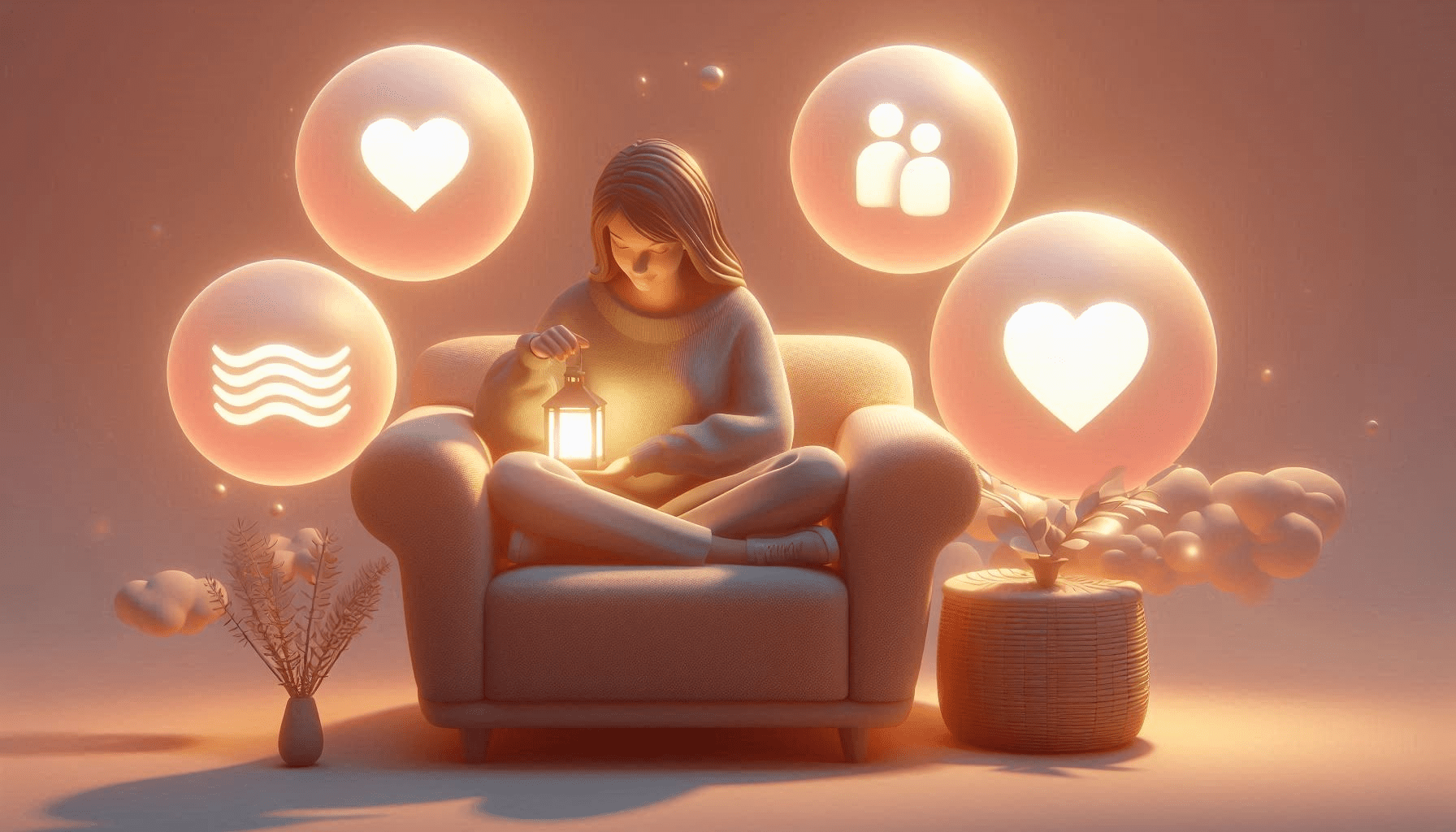 A 2D illustration of a young woman sitting in a cozy armchair holding a glowing lantern, surrounded by four pastel bubbles symbolizing the four core skills of dialectical behavior therapy — mindfulness, distress tolerance, emotion regulation, and interpersonal effectiveness.