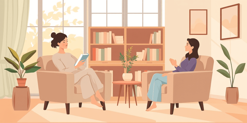 Two women sitting across from each other in cozy armchairs during a therapy session, illustrating different types of therapy in a warm and welcoming setting