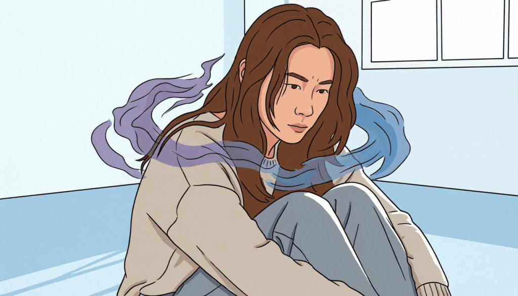 A 2D illustration of a person sitting on the floor with knees drawn in, surrounded by swirling purple and blue wisps representing suppressed emotions — a visual metaphor for the effects of suppressed emotions on the body