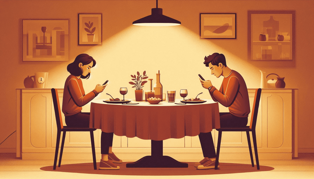 A 2D illustration of a couple sitting at a dinner table both looking at their phones instead of each other, representing emotional disconnection in a long-term relationship.
