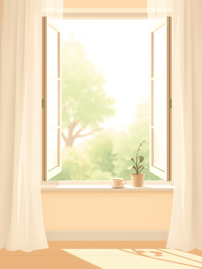 A warm open window with morning light, a steaming cup of tea and a small plant on the sill β welcome to Mindbloom