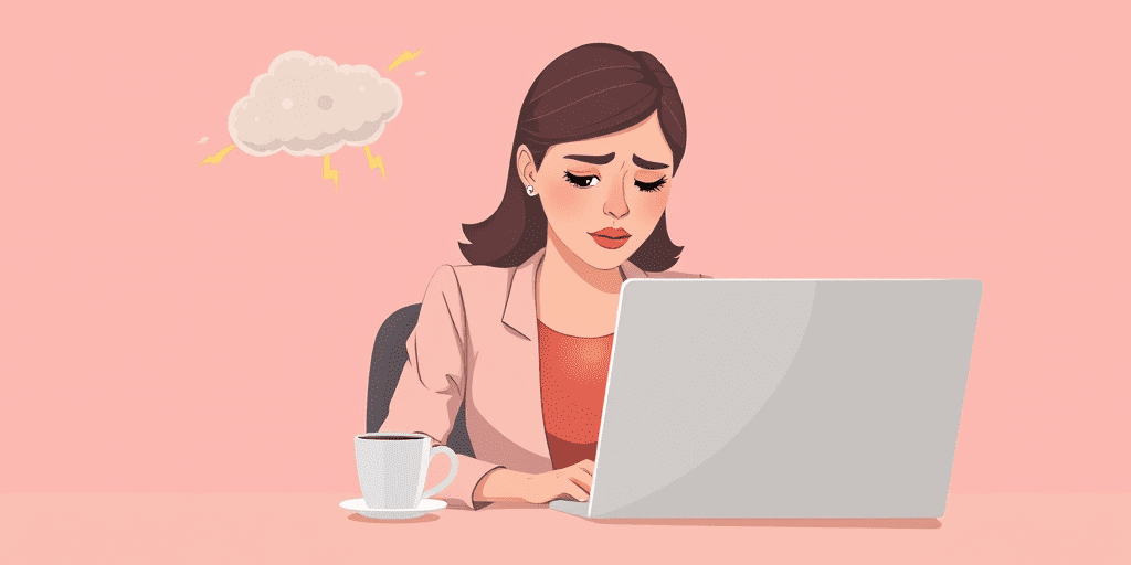 A digital illustration of a stressed professional woman at her desk surrounded by visual symbols of the signs of work stress, including a storm cloud overhead and an untouched cup of coffee beside her laptop.