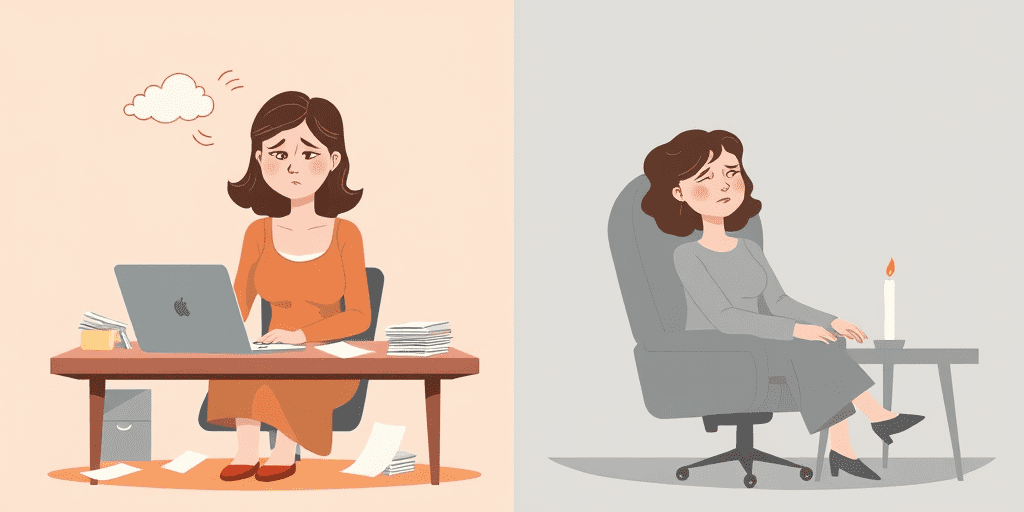 A split illustration comparing a stressed woman at her desk with an emotionally depleted woman experiencing burnout, highlighting the key difference between stress and burnout.