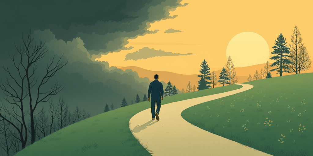 A path moving from darkness and storm into light and warmth — representing Ashab's mental health journey