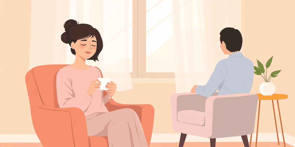 A warm illustration of a woman relaxing in a therapy session, representing the importance of recognizing signs of work stress and seeking professional mental health support.