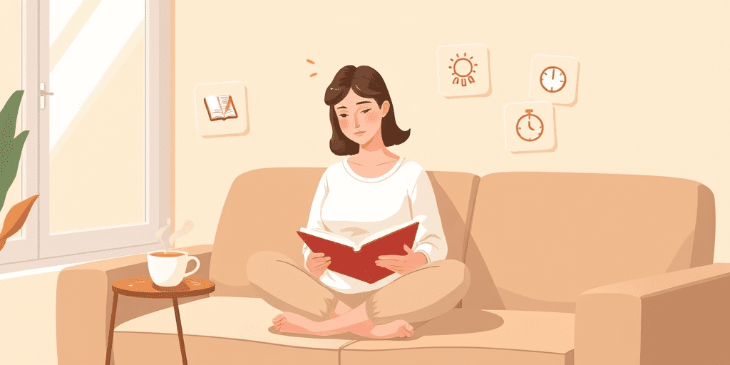 A 2D illustration of a woman sitting cross-legged on a couch with a journal, a cup of tea beside her and small technique icons floating in the background, representing practical cognitive behavioral therapy techniques for everyday mental health