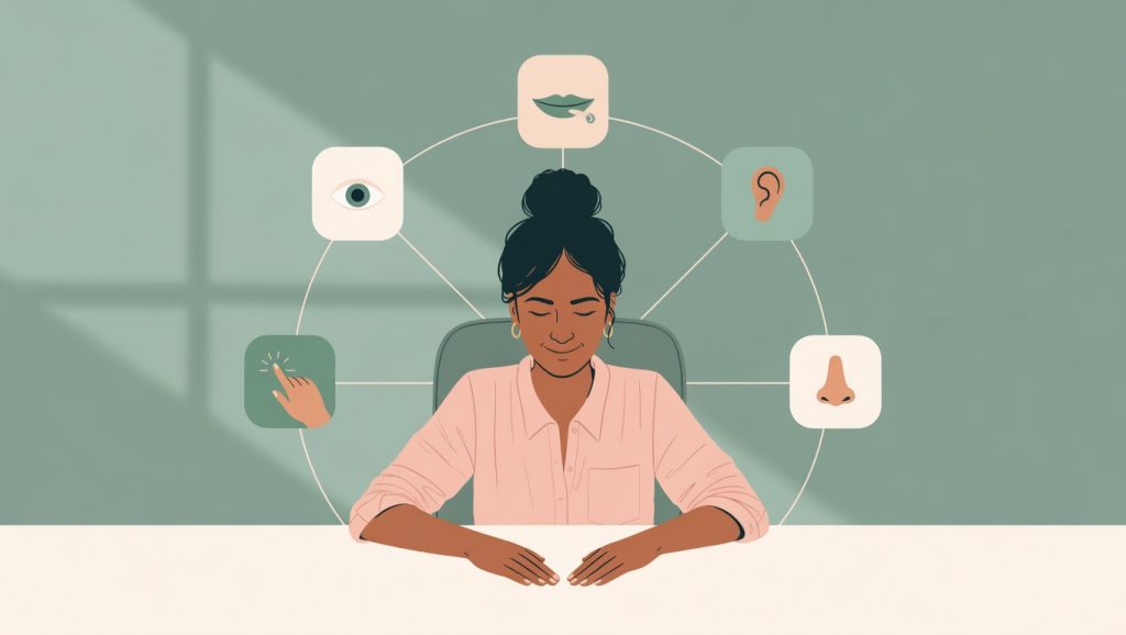 2D illustration of a calm woman at a desk using the 5-4-3-2-1 grounding technique, with icons representing the five senses — sight, touch, hearing, smell, and taste — connected around her.
