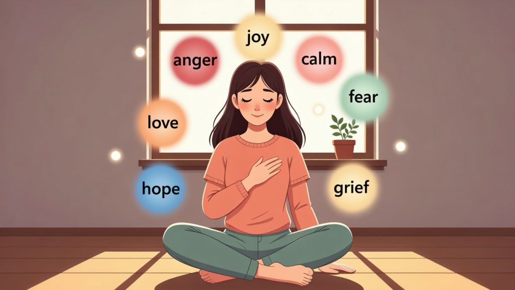 A 2D illustration of a woman sitting cross-legged with hand over heart, surrounded by floating emotion orbs representing emotional intelligence