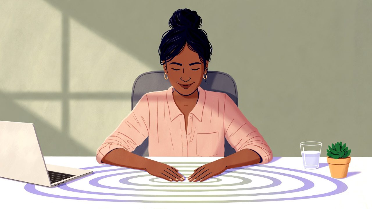 A professional woman using grounding techniques for work anxiety — palms pressed flat on a desk, eyes closed in calm focus, with soft lavender ripple rings radiating outward.
