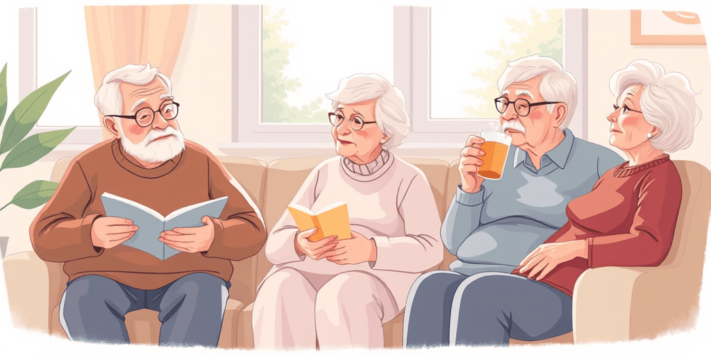 A 2D illustration of a group of older adults sitting together in a bright communal space, each lost in their own quiet moment — representing the unspoken emotional world of mental health in older adults